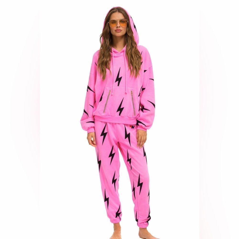 🔥💕 Aviator Nation BOLT STITCH REPEAT Pullover & SWEATPANTS - NEON PINK // BLAC